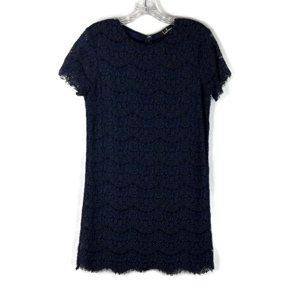 Lulu’s Floral Lace Shift Mini Dress in Navy Blue
